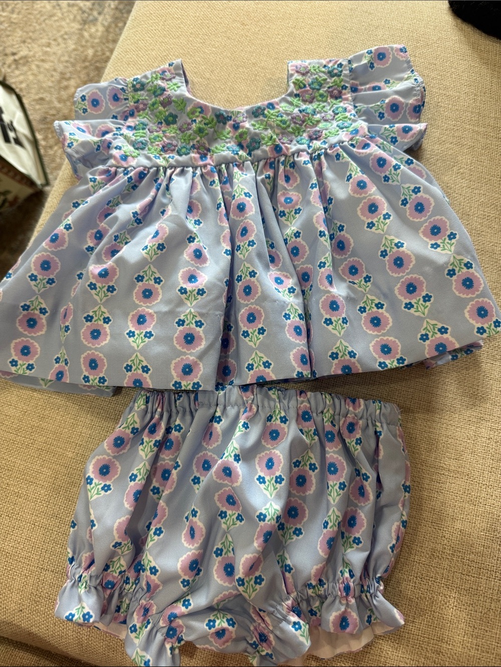 Smocked Floral Baby Matching Set - Light Blue & Pink
